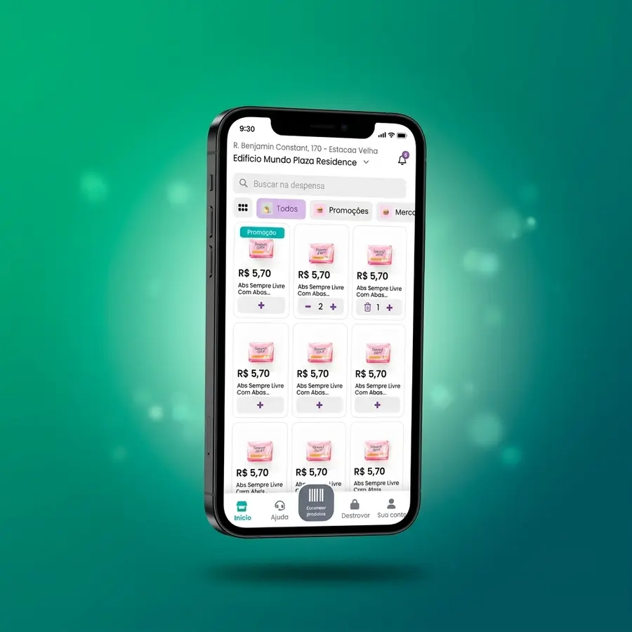 App de compras Despensinha Market exibindo o catálogo de produtos em um smartphone
