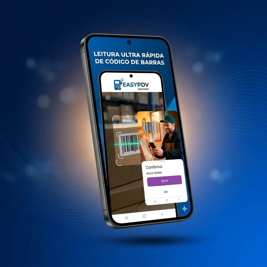 App EasyPDV Operador com leitura ultra rápida de código de barras em um smartphone