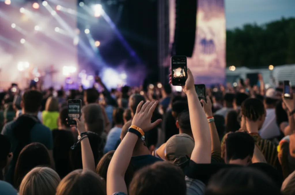 Multidão em evento interagindo com smartphones
